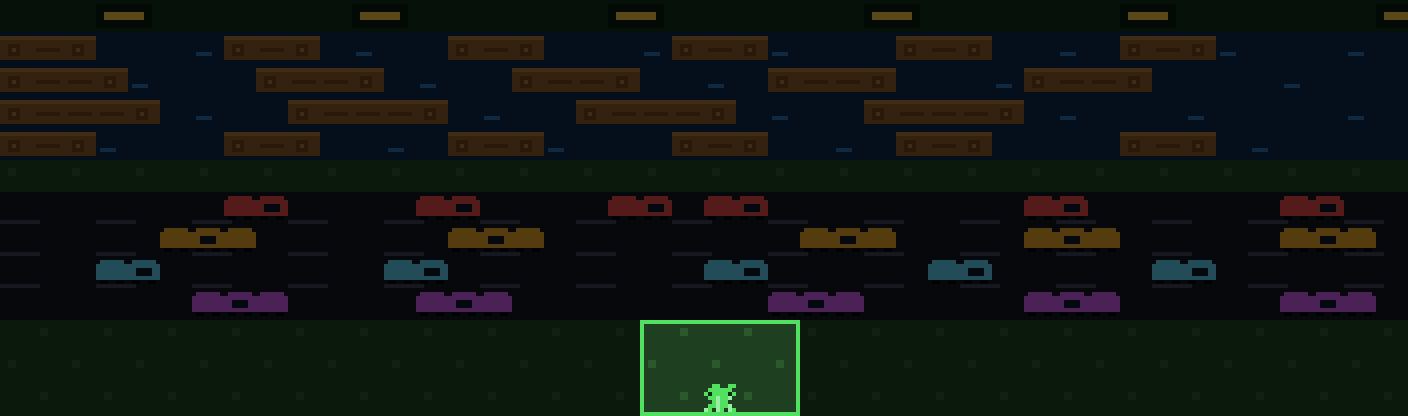 pixel-art rollout of biological neurones trained by frontier computing guiding a frog across four lanes of moving cars and a river of drifting logs
